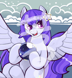 Size: 1102x1200 | Tagged: oc name needed, safe, artist:tingyo, oc, oc only, pegasus, pony, crystal ball, hair accessory, hoof hold, jpg, obtrusive watermark, smiling, solo, starry eyes, watermark, wingding eyes