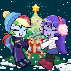 Size: 2362x2362 | Tagged: oc name needed, safe, artist:tingyo, rainbow dash, oc, equestria girls, g4, boots, canon x oc, christmas, christmas tree, clothes, cute, duo, earmuffs, eyes closed, female, hat, high res, holiday, jacket, present, shoes, smiling, snow, tree