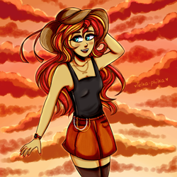 Size: 960x960 | Tagged: source needed, safe, artist:lelka-philka, sunset shimmer, equestria girls, g4, alternate hairstyle, blushing, chains, clothes, cloud, cute, female, hat, jewelry, nail polish, open mouth, ring, shimmerbetes, skirt, solo, stockings, sun hat, tank top, thigh highs, watch, wristwatch