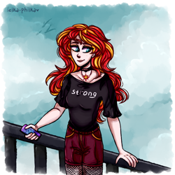 Size: 864x864 | Tagged: safe, artist:lelka-philka, sunset shimmer, human, g4, clothes, collar, cute, female, fishnet stockings, humanized, phone, shimmerbetes, shirt, shorts, solo, t-shirt