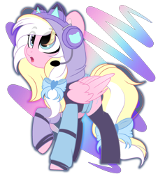 Size: 2088x2308 | Tagged: safe, artist:angelina-pax, oc, oc only, oc:bay breeze, pegasus, pony, alternate hairstyle, bow, cat ears, clothes, cute, female, gamer, hair bow, headset, high res, hoodie, looking up, mare, ocbetes, open mouth, simple background, socks, solo, tail, tail bow, thigh highs, transparent background, wings