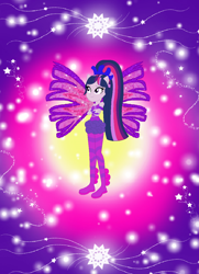 Size: 860x1187 | Tagged: safe, artist:magical-mama, artist:selenaede, artist:user15432, twilight sparkle, alicorn, fairy, human, equestria girls, g4, alternate hairstyle, barely eqg related, base used, clothes, colored wings, crossed arms, crossover, fairy wings, fairyized, fins, gradient wings, hairstyle, long hair, ponied up, ponytail, purple wings, rainbow s.r.l, shoes, sirenix, solo, sparkly background, twilight sparkle (alicorn), wings, winx, winx club, winxified