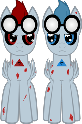 Size: 2643x4000 | Tagged: safe, artist:lt-fleur, oc, oc only, pegasus, pony, robot, robot pony, fanfic:rainbow factory, blood, brothers, colt, creepypasta, duo, duo male, fanfic art, goggles, male, red and blue, siblings, simple background, transparent background, twins, vector