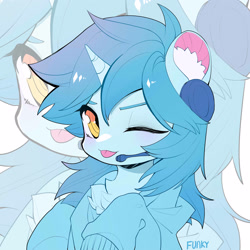 Size: 3000x3000 | Tagged: safe, artist:amo, oc, oc only, oc:otakulight, pony, unicorn, bust, chest fluff, clothes, cute, ear fluff, female, headphones, headset, headworn microphone, high res, hoodie, one eye closed, solo, tongue out, wink, zoom layer
