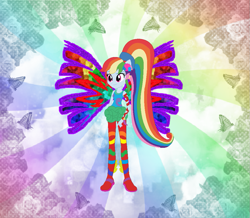 Size: 1011x882 | Tagged: safe, artist:selenaede, artist:user15432, rainbow dash, fairy, human, equestria girls, g4, alternate hairstyle, barely eqg related, base used, clothes, colored wings, crossover, fairy wings, fairyized, fins, gradient wings, hairstyle, long hair, multicolored wings, ponied up, ponytail, rainbow background, rainbow s.r.l, rainbow wings, seashell, seashells, shoes, sirenix, solo, sparkly background, wings, winx, winx club, winxified
