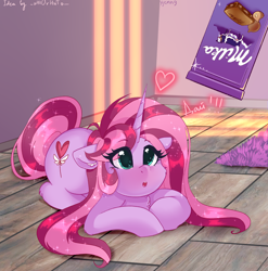 Size: 3376x3420 | Tagged: safe, artist:xjenn9, oc, oc only, oc:dalorance, pony, unicorn, cute, eye clipping through hair, eyes on the prize, female, heart, high res, horn, milka, ocbetes, product placement, solo