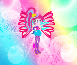 Size: 1044x875 | Tagged: safe, artist:magical-mama, artist:selenaede, artist:user15432, pinkie pie, fairy, human, equestria girls, g4, alternate hairstyle, bare shoulders, barely eqg related, base used, clothes, colored wings, crossover, fairy wings, fairyized, fins, flower, flower in hair, gradient wings, hairstyle, hand on hip, long hair, pink wings, ponied up, ponytail, rainbow background, rainbow s.r.l, shoes, sirenix, solo, sparkly background, strapless, wings, winx, winx club, winxified
