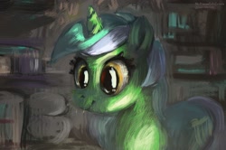 Size: 1876x1244 | Tagged: safe, anonymous artist, lyra heartstrings, pony, unicorn, g4, abstract background, dark, painterly, smiling, sneaky, solo, whiskers