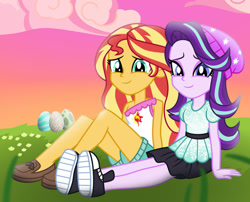 Size: 1024x829 | Tagged: safe, artist:emeraldblast63, starlight glimmer, sunset shimmer, equestria girls, g4, bare shoulders, beanie, clothes, clothes swap, converse, cute, duo, easter, egg, female, hat, holiday, lesbian, lidded eyes, loafers, nature, ship:shimmerglimmer, shipping, shoes, sitting, skirt, sleeveless, smiling, strapless, sunset