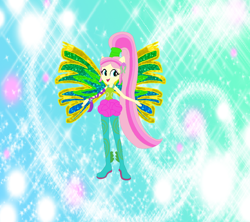 Size: 1098x975 | Tagged: safe, artist:selenaede, artist:user15432, fluttershy, fairy, human, equestria girls, g4, alternate hairstyle, arms wide open, barely eqg related, base used, clothes, colored wings, crossover, fairy wings, fairyized, fins, gradient wings, hairstyle, long hair, open arms, ponied up, ponytail, rainbow s.r.l, shoes, sirenix, solo, sparkly background, wings, winx, winx club, winxified, yellow wings