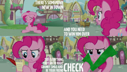 Size: 1280x720 | Tagged: safe, edit, edited screencap, editor:quoterific, screencap, cranky doodle donkey, pinkie pie, donkey, earth pony, pony, a friend in deed, g4, season 2, breaking the fourth wall, eyes closed, female, fourth wall, hoof hold, male, mare, stallion
