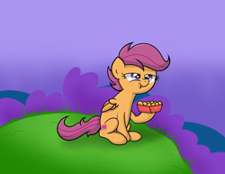 Size: 5582x4300 | Tagged: safe, artist:background basset, scootaloo, pegasus, pony, g4, cannibalism joke, chicken meat, chicken nugget, eating, female, food, meat, meme, nugget, ponies eating meat, request, requested art, scootachicken, sitting, solo, this will end in sickness