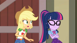 Size: 3410x1920 | Tagged: safe, screencap, applejack, sci-twi, twilight sparkle, equestria girls, equestria girls series, holidays unwrapped, the cider louse fools, spoiler:eqg series (season 2), applejack's hat, belt, bowtie, clothes, cowboy hat, crossed arms, cutie mark, cutie mark on clothes, denim skirt, duo, duo female, eyes closed, female, geode of super strength, geode of telekinesis, glasses, hat, jewelry, magical geodes, necklace, ponytail, skirt