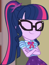 Size: 1920x2565 | Tagged: safe, screencap, sci-twi, twilight sparkle, equestria girls, equestria girls specials, g4, my little pony equestria girls: better together, my little pony equestria girls: holidays unwrapped, the cider louse fools, bowtie, clothes, cropped, crossed arms, cutie mark, cutie mark on clothes, eyes closed, female, geode of telekinesis, glasses, jewelry, magical geodes, necklace, smiling, smirk, smug, smuglight sparkle, solo
