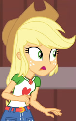Size: 1920x3057 | Tagged: safe, screencap, applejack, equestria girls, equestria girls series, g4, holidays unwrapped, the cider louse fools, spoiler:eqg series (season 2), applejack's hat, applejack's shirt with a collar, belt, clothes, collar, collar shirt, cowboy hat, cropped, cutie mark, cutie mark on clothes, denim skirt, female, freckles, geode of super strength, hair, hat, jewelry, magical geodes, necklace, open mouth, ponytail, shirt, shirt with a collar, skirt, solo, t-shirt, teenager