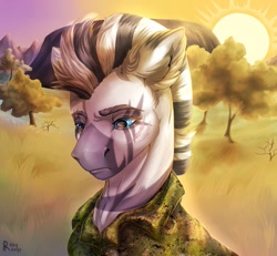 Size: 1107x1024 | Tagged: safe, artist:raychelrage, oc, oc only, pony, zebra, africa, black and white mane, blue eyes, clothes, military uniform, sad, scar, solo, striped mane, sunrise, uniform, zebra oc, zebrica