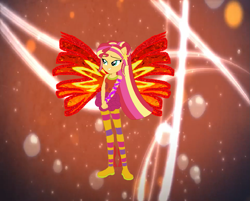 Size: 1009x811 | Tagged: safe, artist:selenaede, artist:user15432, sunset shimmer, fairy, human, starfish, equestria girls, g4, alternate hairstyle, barely eqg related, base used, bubble, clothes, colored wings, crossover, fairy wings, fairyized, fins, gradient wings, hairpin, hairstyle, hands together, long hair, ponied up, ponytail, rainbow s.r.l, red wings, shoes, sirenix, solo, sparkly background, wings, winx, winx club, winxified
