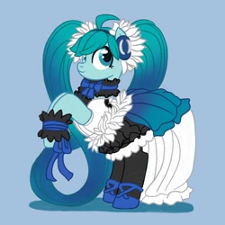 Size: 2000x2000 | Tagged: safe, artist:mediocremare, oc, oc only, earth pony, pony, blue background, clothes, cosplay, costume, cuffs (clothes), eyelashes, female, hatsune miku, headphones, high res, mare, pigtails, ponified, rearing, simple background, skirt, solo, vocaloid