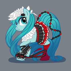 Size: 2000x2000 | Tagged: safe, artist:mediocremare, earth pony, pony, clothes, cosplay, costume, cuffs (clothes), eyelashes, female, gray background, hatsune miku, high res, mare, ponified, raised hoof, simple background, skirt, socks, solo, vocaloid
