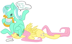 Size: 774x473 | Tagged: safe, artist:elslowmo, artist:purplekecleon, fluttershy, lyra heartstrings, pegasus, pony, unicorn, g4, cropped, dialogue, duo, duo female, faceful of ass, facesitting, female, femdom, femsub, flutterseat, fluttersub, lucky girl, lyradom, simple background, sitting, sitting on person, sitting on pony, submissive, text, unwilling, wavy mouth, white background