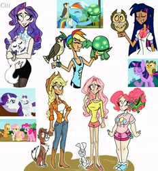 Size: 2472x2662 | Tagged: safe, artist:citi, screencap, angel bunny, applejack, fluttershy, gummy, opalescence, owlowiscious, pinkie pie, rainbow dash, rarity, tank, twilight sparkle, winona, bird, dog, falcon, human, g4, may the best pet win, breasts, busty fluttershy, clothes, cutie mark, cutie mark accessory, cutie mark on clothes, eye clipping through hair, eyebrows, eyebrows visible through hair, eyes closed, height difference, high res, humanized, mane six, pets, scene interpretation, screencap reference, smiling, teeth
