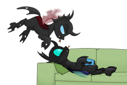 Size: 2284x1539 | Tagged: safe, artist:moonatik, oc, oc only, oc:coxa, oc:mimesis, changeling, book, changeling oc, commission, couch, cute, cute little fangs, fangs, flying, gay, looking at each other, lying, lying down, lying on couch, male, on back, pillow, red changeling, simple background, tongue out, transparent background
