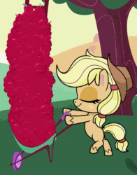 Size: 660x840 | Tagged: safe, screencap, applejack, earth pony, pony, g4.5, my little pony: pony life, the crystal capturing contraption, spoiler:pony life s02e02, animated, animation error, apple, apple tree, bipedal, camera, female, food, gif, loop, mare, missing cutie mark, sweet apple acres, that pony sure does love apples, tree, walk cycle, walking