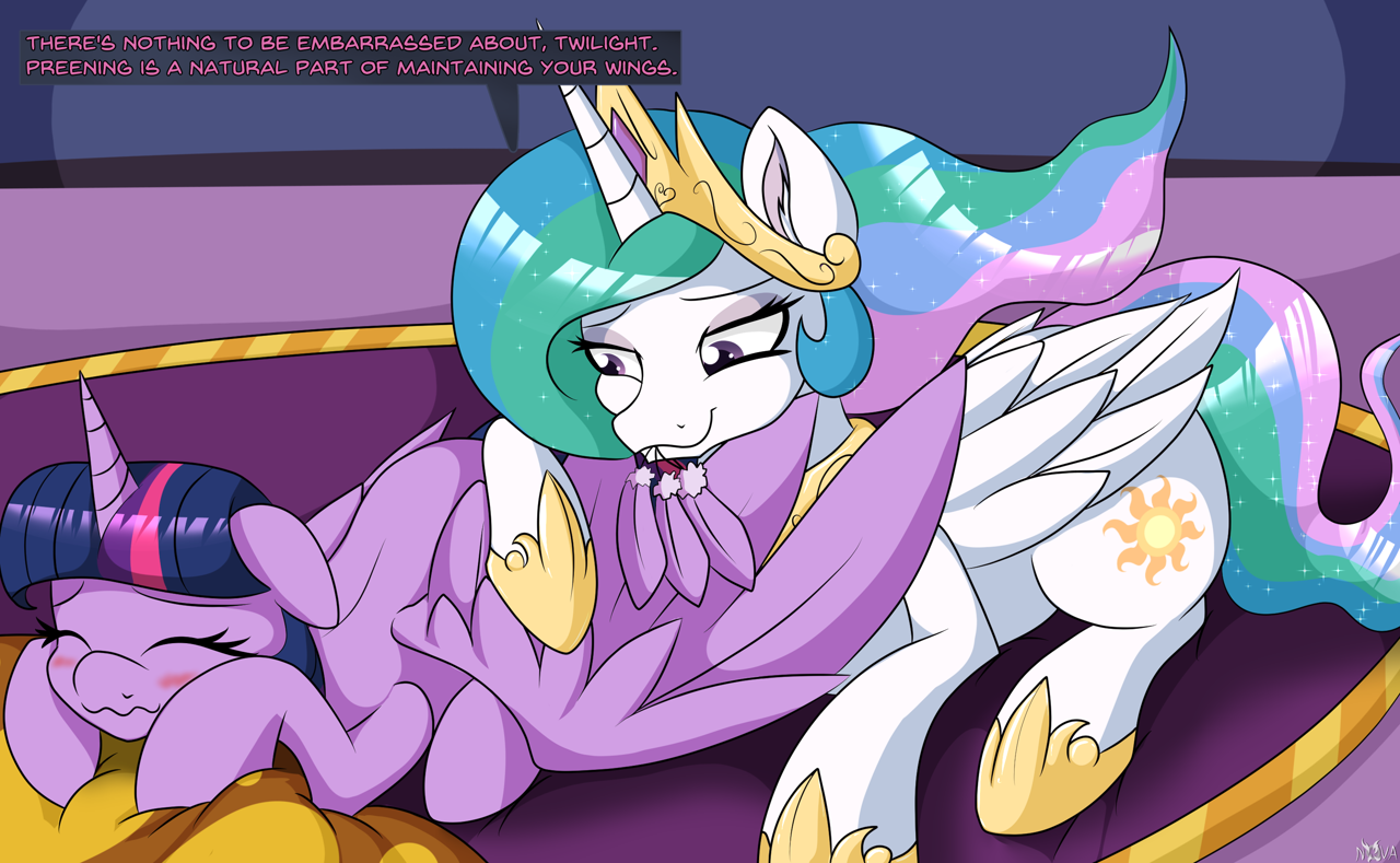 2585338 - safe, artist:novaspark, princess celestia, twilight sparkle,  alicorn, pony, g4, april fools 2021, blushing, crown, dialogue,  embarrassed, feather, female, floppy ears, grooming, hoof shoes, jewelry,  mare, preening, regalia, twilight sparkle ...