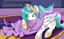 Size: 3000x1850 | Tagged: safe, artist:novaspark, princess celestia, twilight sparkle, alicorn, pony, g4, april fools 2021, blushing, crown, dialogue, embarrassed, feather, female, floppy ears, grooming, hoof shoes, jewelry, mare, preening, regalia, twilight sparkle (alicorn), wavy mouth