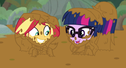 Size: 1176x642 | Tagged: safe, anonymous artist, edit, sci-twi, sunset shimmer, twilight sparkle, equestria girls, equestria girls series, g4, bog, clothes, forest, mud, mud edit, mud play, muddy, swimsuit