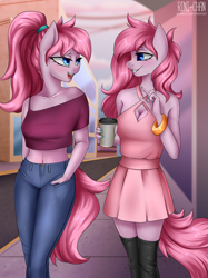 Size: 2000x2667 | Tagged: safe, artist:rinikka, oc, oc only, oc:heart, oc:soul, anthro, aeroverse, boots, bracelet, breasts, building, cleavage, clothes, coffee cup, commission, cup, dress, high res, jeans, jewelry, painted nails, pants, ponytail, shoes, street, walking