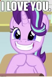 Size: 500x743 | Tagged: safe, edit, edited screencap, screencap, starlight glimmer, pony, unicorn, a horse shoe-in, g4, caption, cropped, cute, female, glimmerbetes, grin, i love you, image macro, smiling, solo, text