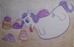 Size: 1280x807 | Tagged: safe, artist:dex stewart, rarity, pony, unicorn, g4, belly, belly bed, cake, eating, fat, food, impossibly large belly, raritubby, solo, tongue out, traditional art