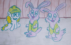 Size: 1280x807 | Tagged: safe, artist:dex stewart, oc, oc:fargate, earth pony, pony, rabbit, animal, aqua teen hunger force, darrel, easter bunny, the easter bunny's twin brother, traditional art, twins