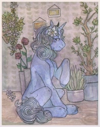Size: 1691x2160 | Tagged: safe, artist:soudooku, oc, oc only, pony, unicorn, background pony, flower, flower in hair, solo, traditional art, watercolor painting