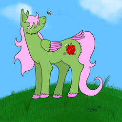 Size: 2000x2000 | Tagged: safe, artist:ponypumpkinpatch, oc, oc only, oc:honeycrisp, bee, insect, pegasus, pony, cheek fluff, cloud, female, filly, grass, hair over eyes, high res, looking at something, offspring, parent:big macintosh, parent:fluttershy, parents:fluttermac, pegasus oc, sky, solo, tail feathers, unshorn fetlocks