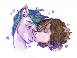 Size: 1438x1080 | Tagged: safe, artist:soudooku, oc, earth pony, pony, cheek kiss, gay, kissing, male, traditional art, watercolor painting
