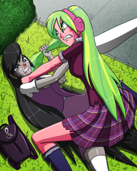 Size: 2880x3600 | Tagged: safe, artist:artemis-polara, lemon zest, octavia melody, equestria girls, g4, backpack, blood, bruised, catfight, choking, clothes, commission, duo, duo female, female, fight, grass, hair pulling, high res, skirt, torn clothes