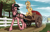 Size: 2550x1623 | Tagged: safe, alternate version, artist:wwredgrave, edit, editor:niks, applejack, oc, oc:sibony, earth pony, pony, unicorn, g4, apple, apple farm, apple tree, bit, blinders, bridle, canon x oc, carriage, cottagecore, cowgirl, farm, farmer, female, food, harness, horse collar, male, pony pulls the wagon, ponyville, tack, tree, unshorn fetlocks, wagon, walking
