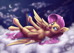 Size: 1323x935 | Tagged: safe, artist:calena, fluttershy, pegasus, pony, g4, cloud, cute, female, grooming, lying down, mare, moon, night, on back, preening, rainbow, shyabetes, solo, stars, tongue out, wings