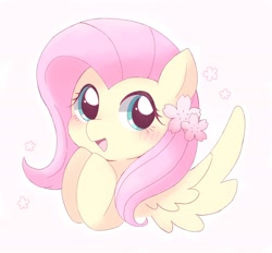 Size: 2048x1904 | Tagged: safe, artist:ginmaruxx, fluttershy, pegasus, pony, blushing, bust, cherry blossoms, cute, daaaaaaaaaaaw, female, flower, flower blossom, flower in hair, mare, open mouth, pink background, shyabetes, simple background, solo