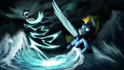Size: 4062x2285 | Tagged: safe, artist:klarapl, oc, oc only, oc:blaze (shadowbolt), oc:lady lightning strike, pegasus, pony, commission, duo, fight, flying, spread wings, water, wings