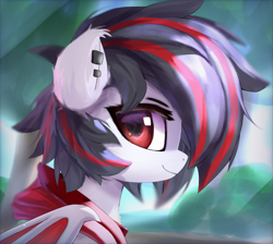 Size: 2137x1916 | Tagged: safe, artist:jfrxd, oc, oc only, oc:jfrxd, bat pony, pony, bat pony oc, bat wings, black hair, bust, chest fluff, clothes, cute, ear piercing, high res, hoodie, male, piercing, ponyville, red eyes, solo, stallion, tree, wings
