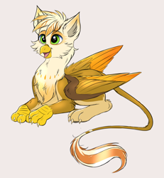 Size: 3852x4165 | Tagged: safe, artist:confetticakez, oc, oc only, oc:ember burd, griffon, beak, chest fluff, claws, colored sketch, colored wings, eared griffon, gradient wings, griffon oc, head feathers, male, multicolored wings, open beak, open mouth, paws, solo, tail, talons, wings