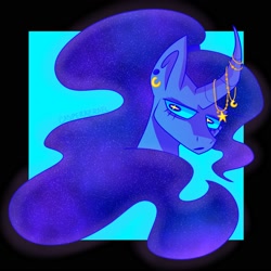 Size: 2000x2000 | Tagged: safe, artist:voidmoth, princess luna, alicorn, pony, g4, curved horn, ear piercing, earring, female, high res, horn, jewelry, mare, piercing, solo