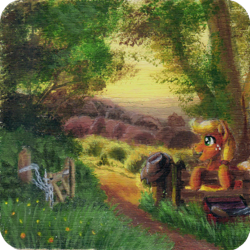 Size: 1000x999 | Tagged: safe, artist:sa1ntmax, applejack, earth pony, pony, g4, fence, scenery, solo, traditional art