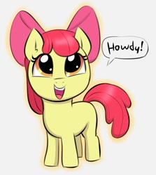 Size: 1238x1388 | Tagged: safe, artist:heretichesh, apple bloom, earth pony, pony, g4, adorabloom, blank flank, bow, cute, dialogue, hair bow, howdy, smiling, solo