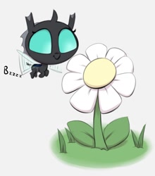 Size: 978x1112 | Tagged: safe, artist:heretichesh, changeling, pony, chibi, cute, cuteling, daisy (flower), filfilfil, flower, flying, smiling, smol, solo, spread wings, weapons-grade cute, wings