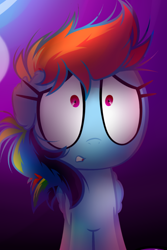 Size: 626x938 | Tagged: safe, artist:becauseimpink, rainbow dash, pegasus, pony, comic:transition, g4, cropped, female, filly, filly rainbow dash, floppy ears, front view, frown, looking forward, reaction image, scared, scaredy dash, solo, younger