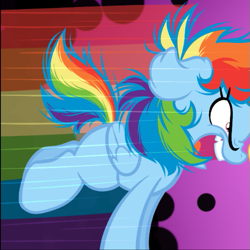 Size: 507x506 | Tagged: safe, artist:becauseimpink, rainbow dash, pegasus, pony, comic:transition, g4, angry, cropped, ear fluff, female, filly, filly rainbow dash, purple background, rainbow, side view, simple background, solo, younger